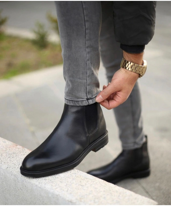 Yeni Sezon Erkek Kauçuk Taban Bağcıksız Deri Chelsea Bot-Siyah