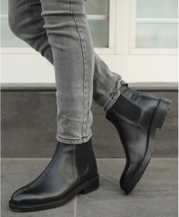 Yeni Sezon Erkek Kauçuk Taban Bağcıksız Deri Chelsea Bot-Siyah