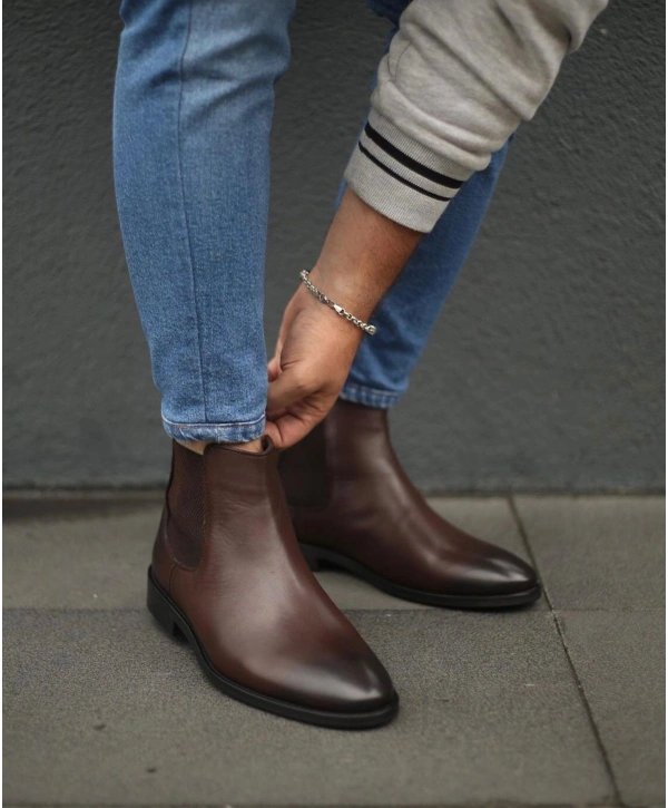Yeni Sezon Erkek Eva Kösele Taban Bağcıksız Deri Cilt Chelsea Bot-Kahve