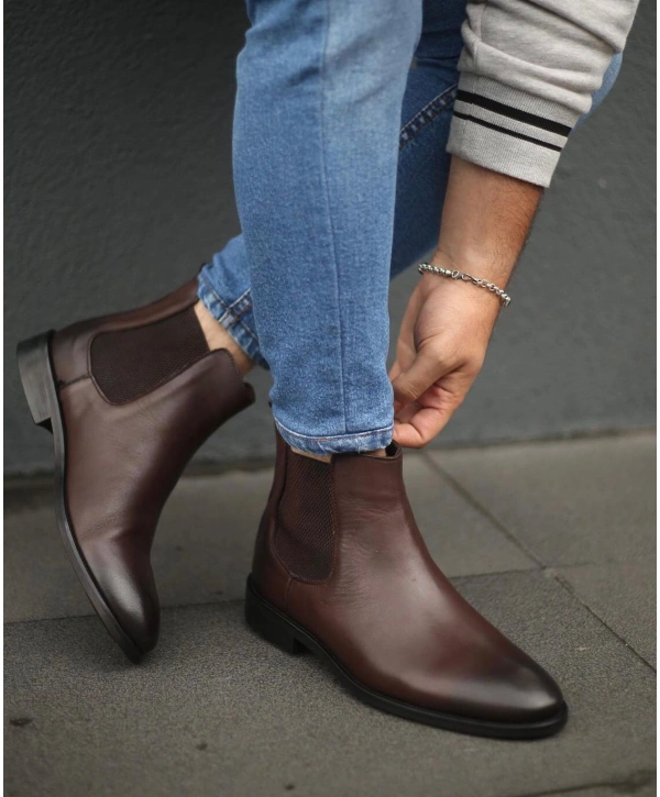 Yeni Sezon Erkek Eva Kösele Taban Bağcıksız Deri Cilt Chelsea Bot-Kahve