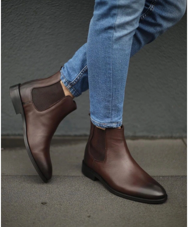 Yeni Sezon Erkek Eva Kösele Taban Bağcıksız Deri Cilt Chelsea Bot-Kahve