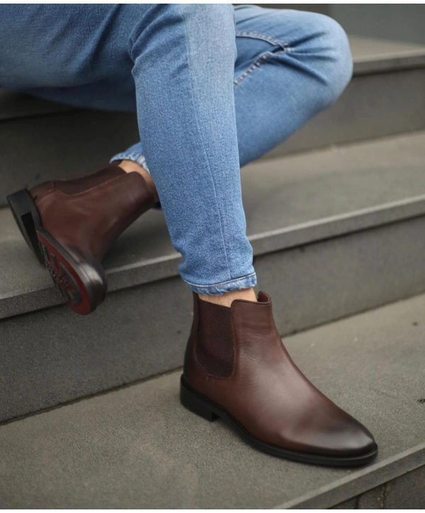 Yeni Sezon Erkek Eva Kösele Taban Bağcıksız Deri Cilt Chelsea Bot-Kahve