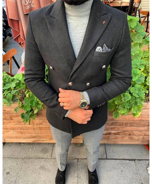 Erkek Dar Kesim Kaşe Metal Düğme Kruvaze Ceket - Taba