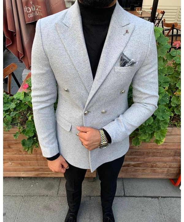 Erkek Dar Kesim Kaşe Metal Düğme Kruvaze Ceket - Taba