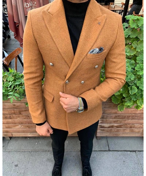 Erkek Dar Kesim Kaşe Metal Düğme Kruvaze Ceket - Taba