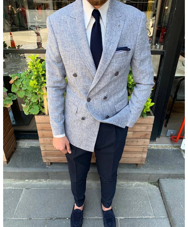 Erkek Dar Kesim Metal Düğme Kruvaze Tek Ceket-Mavi