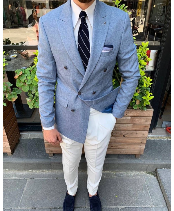 Erkek Dar Kesim Metal Düğme Kruvaze Tek Ceket-Mavi