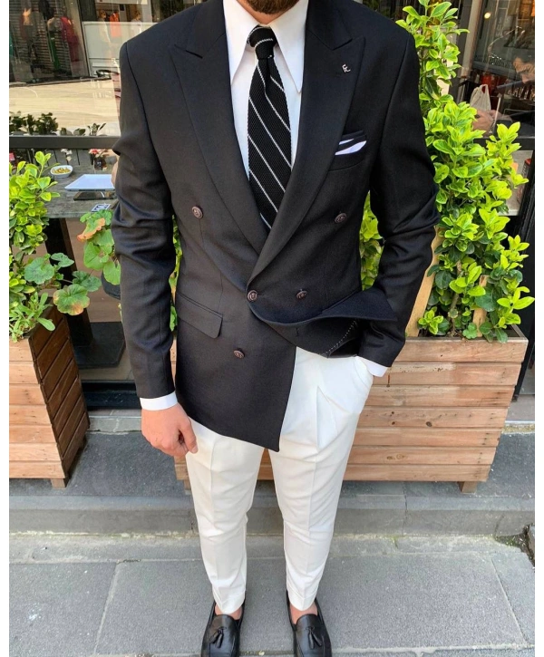 Erkek Dar Kesim Metal Düğme Kruvaze Tek Ceket-Mavi