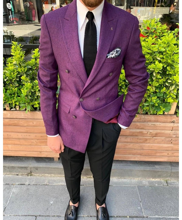 Erkek Dar Kesim Metal Düğme Kruvaze Tek Ceket-Yeşil