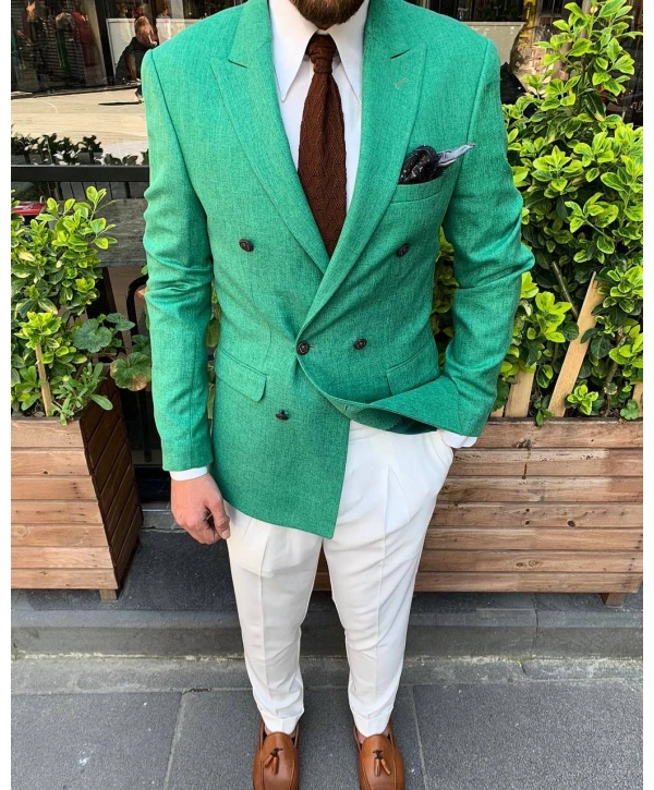 Erkek Dar Kesim Metal Düğme Kruvaze Tek Ceket-Yeşil