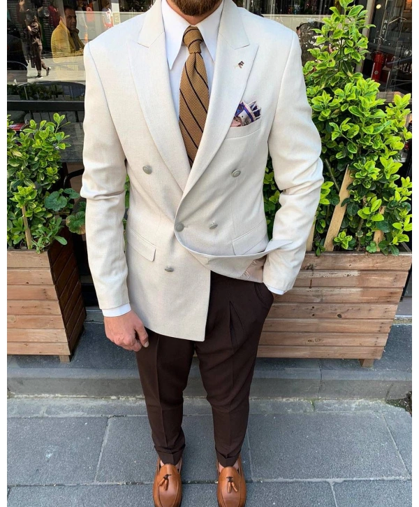 Erkek Dar Kesim Metal Düğme Kruvaze Tek Ceket-Yeşil