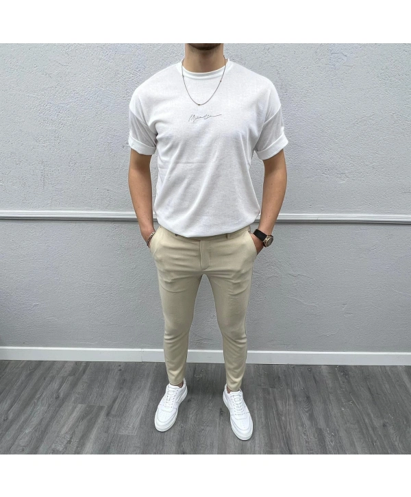 Erkek Dar Kesim Silimfit Likralı Keten Pantolon-Krem