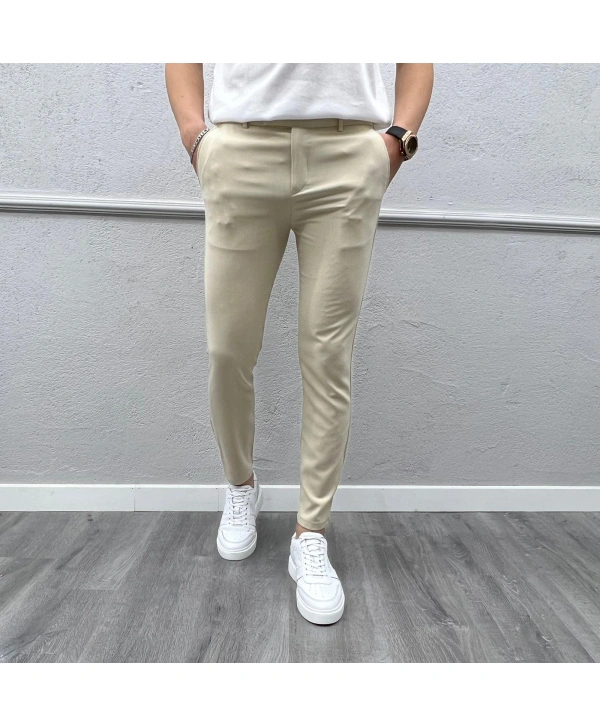 Erkek Dar Kesim Silimfit Likralı Keten Pantolon-Krem