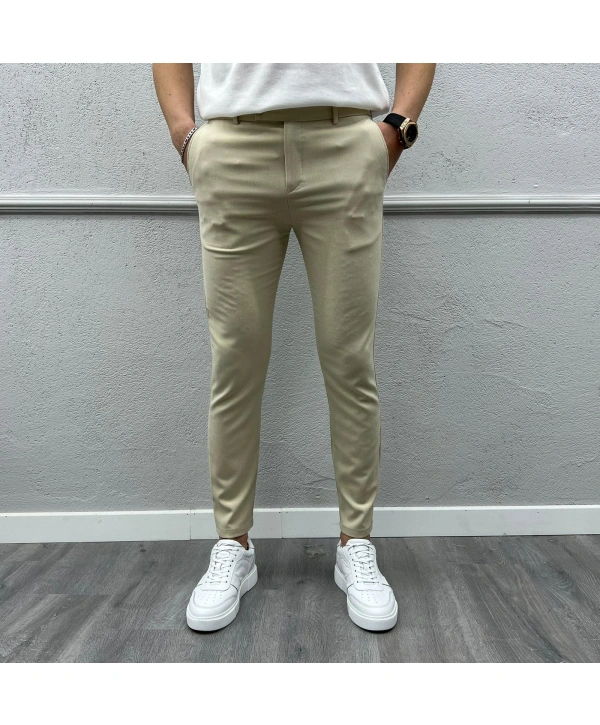 Erkek Dar Kesim Silimfit Likralı Keten Pantolon-Krem