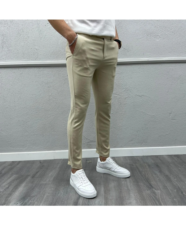 Erkek Dar Kesim Silimfit Likralı Keten Pantolon-Krem