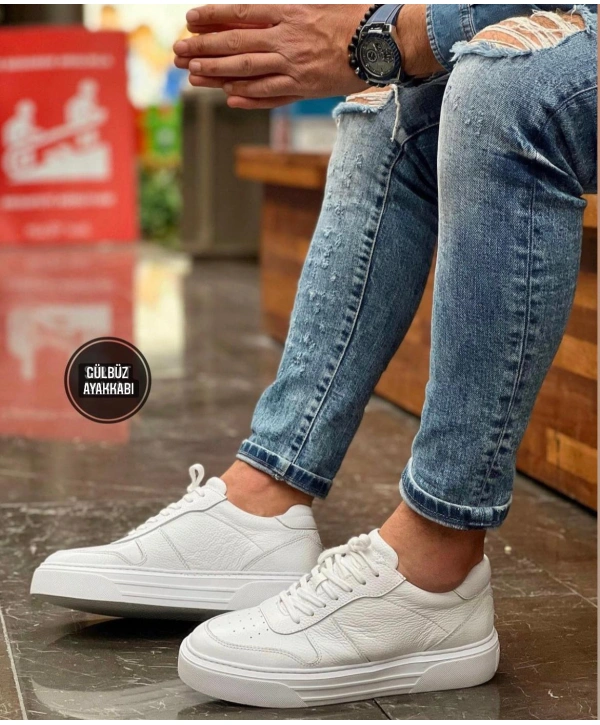 Erkek İçi Dışı Deri Eva Taban Sneakers Bağcıklı Spor Ayakkabı-Beyaz