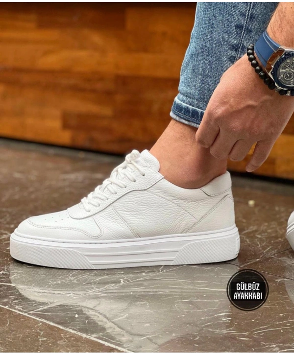 Erkek İçi Dışı Deri Eva Taban Sneakers Bağcıklı Spor Ayakkabı-Beyaz