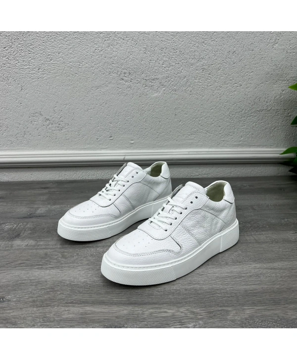 Erkek İçi Dışı Deri Eva Taban Sneakers Bağcıklı Spor Ayakkabı-Beyaz