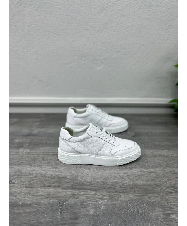 Erkek İçi Dışı Deri Eva Taban Sneakers Bağcıklı Spor Ayakkabı-Beyaz