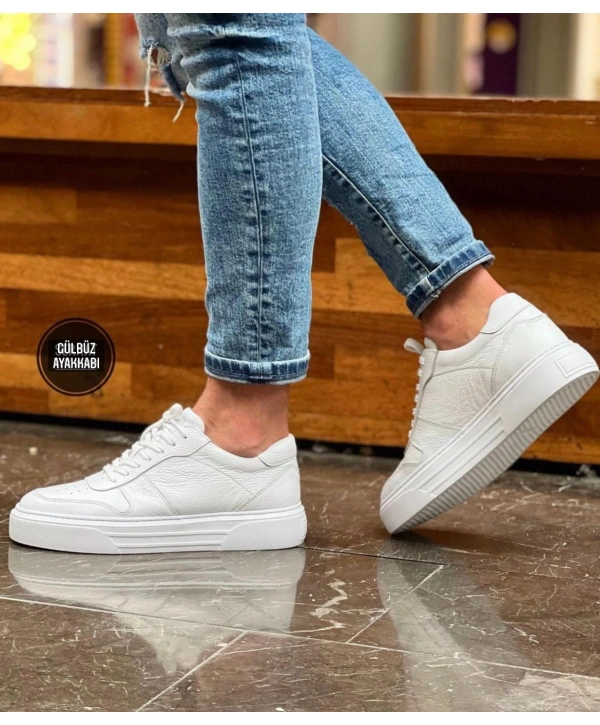 Erkek İçi Dışı Deri Eva Taban Sneakers Bağcıklı Spor Ayakkabı-Beyaz