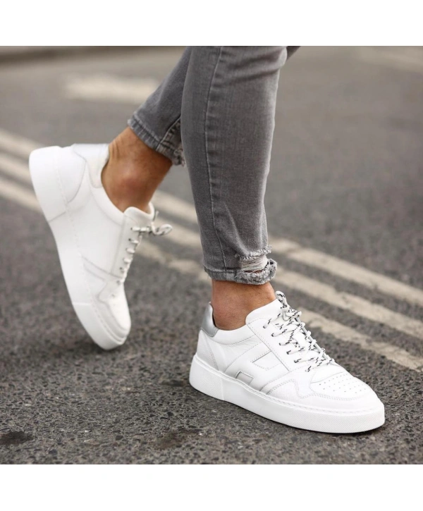 Erkek İçi Dışı Deri H Baskılı Eva Taban Sneakers Spor Ayakkabı-Beyaz