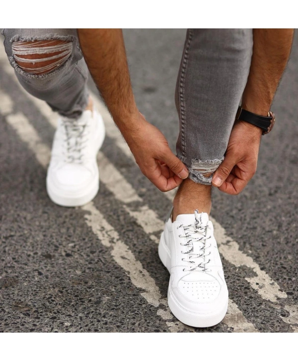 Erkek İçi Dışı Deri H Baskılı Eva Taban Sneakers Spor Ayakkabı-Beyaz