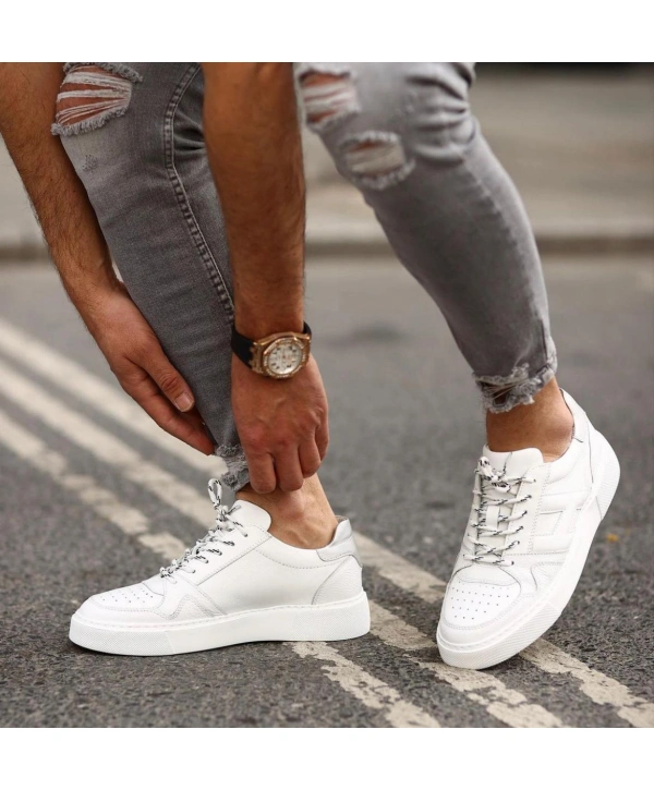 Erkek İçi Dışı Deri H Baskılı Eva Taban Sneakers Spor Ayakkabı-Beyaz