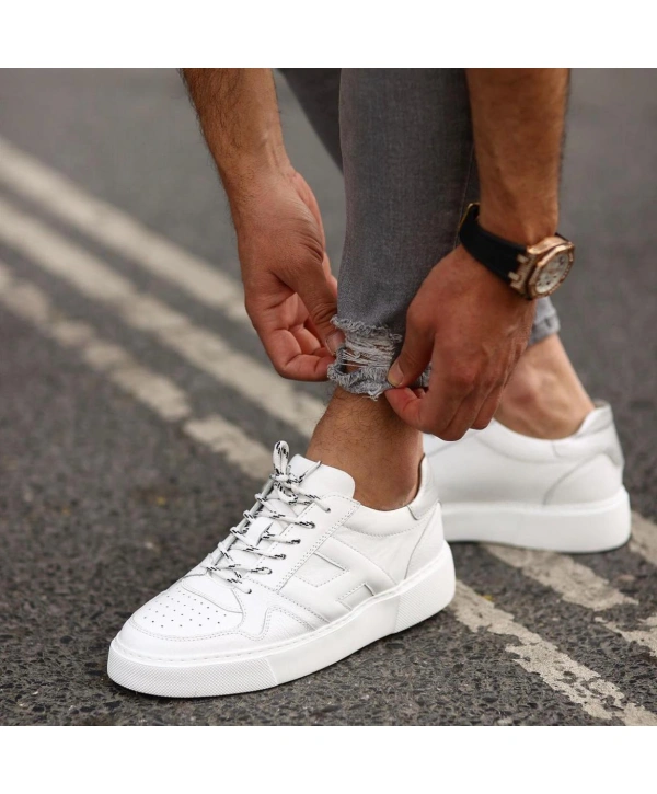 Erkek İçi Dışı Deri H Baskılı Eva Taban Sneakers Spor Ayakkabı-Beyaz