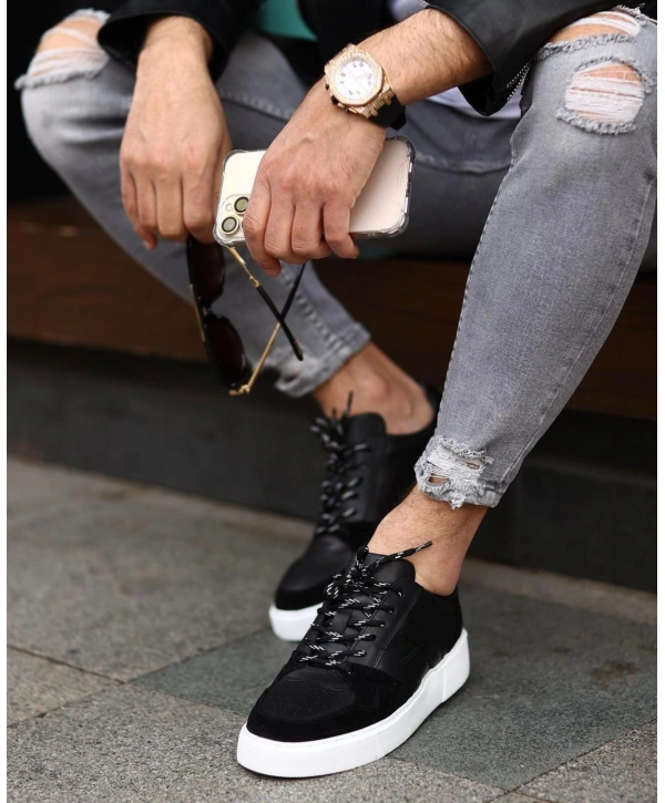 Erkek İçi Dışı Deri H Baskılı Eva Taban Sneakers Spor Ayakkabı-Siyah