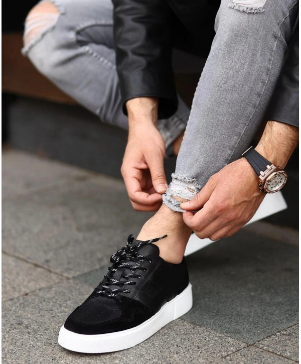 Erkek İçi Dışı Deri H Baskılı Eva Taban Sneakers Spor Ayakkabı-Siyah