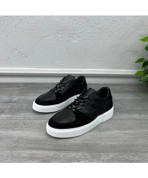 Erkek İçi Dışı Deri H Baskılı Eva Taban Sneakers Spor Ayakkabı-Siyah
