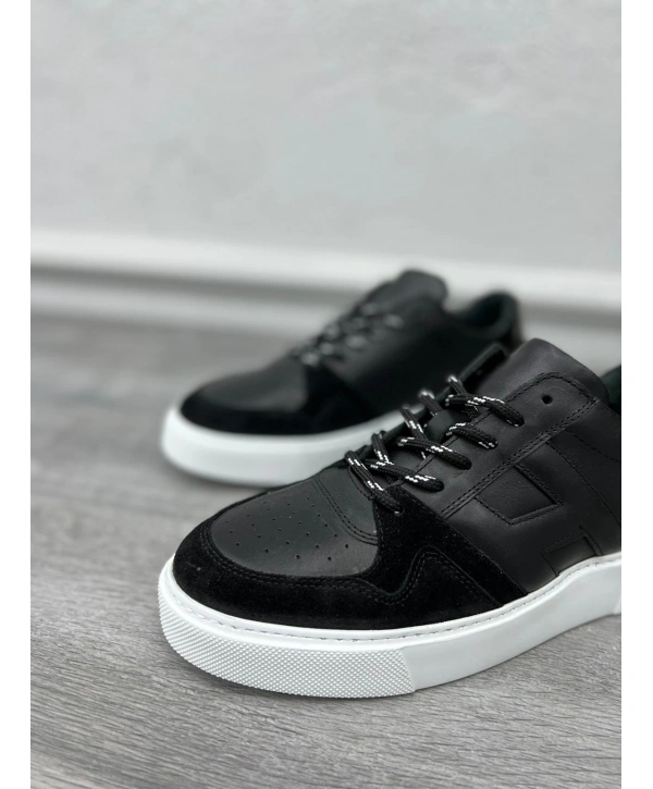 Erkek İçi Dışı Deri H Baskılı Eva Taban Sneakers Spor Ayakkabı-Siyah