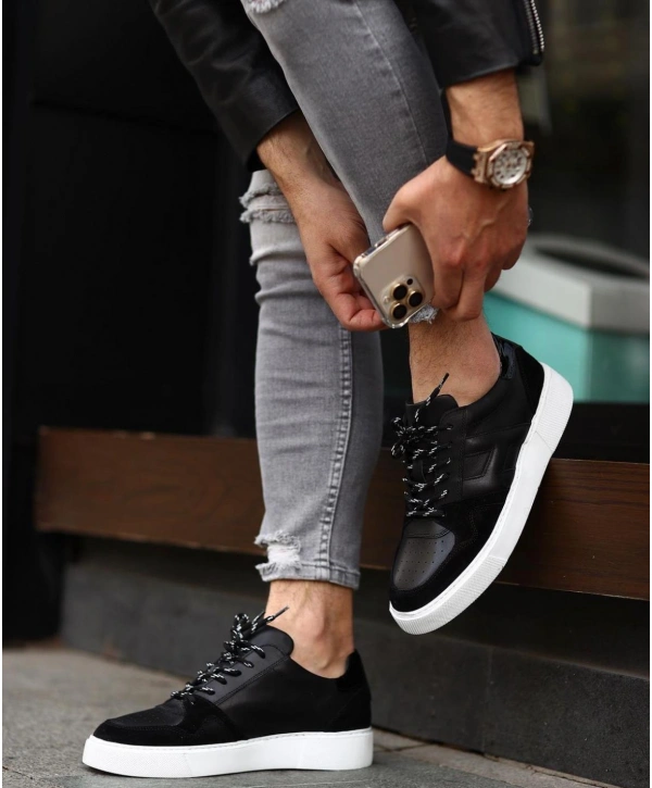 Erkek İçi Dışı Deri H Baskılı Eva Taban Sneakers Spor Ayakkabı-Siyah