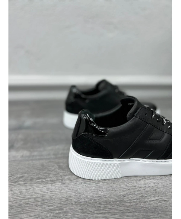 Erkek İçi Dışı Deri H Baskılı Eva Taban Sneakers Spor Ayakkabı-Siyah