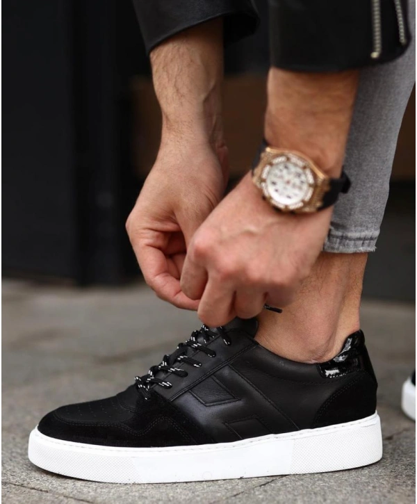 Erkek İçi Dışı Deri H Baskılı Eva Taban Sneakers Spor Ayakkabı-Siyah