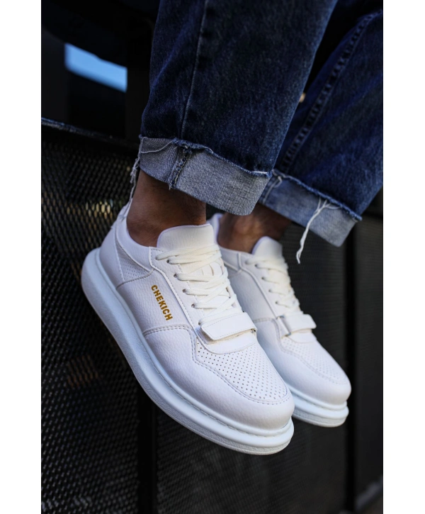 Erkek Yüksek Taban Günlük Spor Cırt Bantlı Rahat Ayakkabı -Beyaz-Beyaz