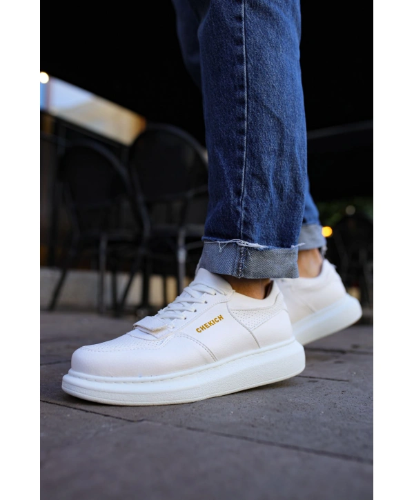 Erkek Yüksek Taban Günlük Spor Cırt Bantlı Rahat Ayakkabı -Beyaz-Beyaz