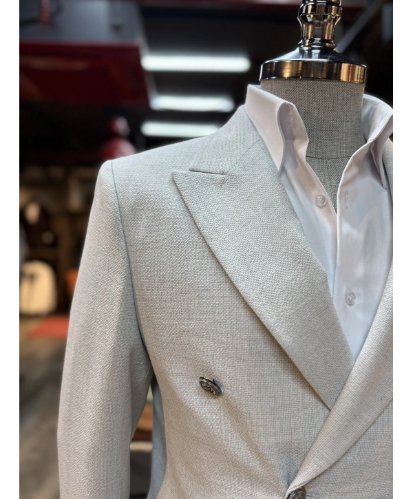 Erkek Dar Kesim Metal Düğme Kruvaze Takım Elbise-Gri