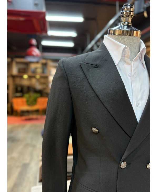 Erkek Dar Kesim Metal Düğme Kruvaze Takım Elbise-Siyah