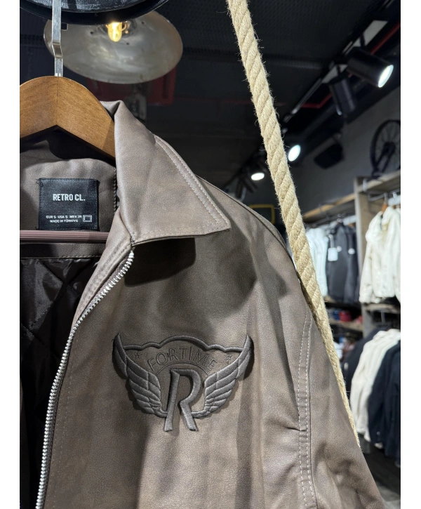 Erkek Owersıze Önü Fermuarlı Arka Baskılı Deri Mont - Kahverengi