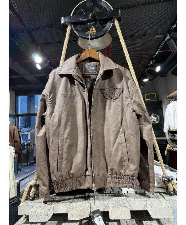 Erkek Owersıze Önü Fermuarlı Arka Baskılı Deri Mont - Kahverengi