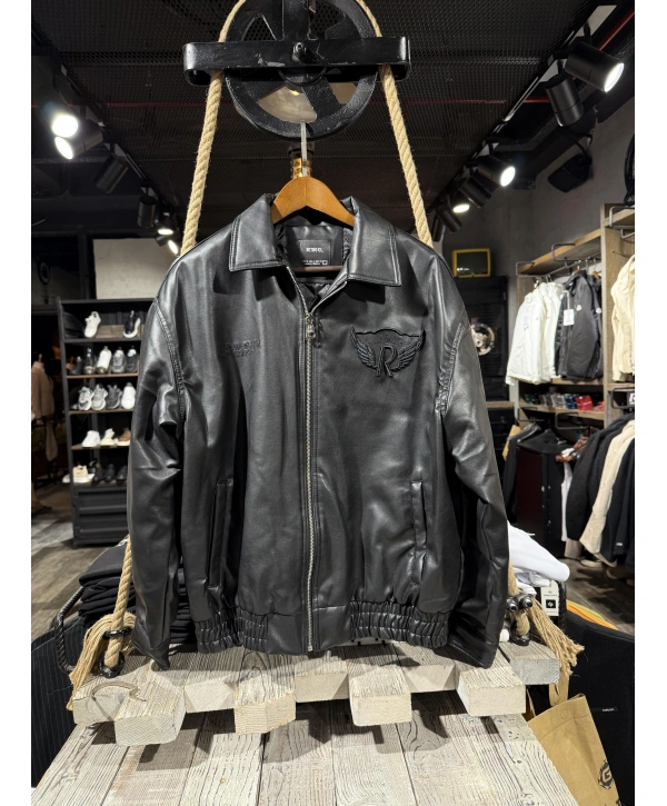 Erkek Owersıze Önü Fermuarlı Arka Baskılı Deri Mont - Siyah