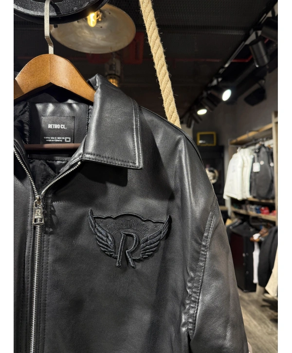 Erkek Owersıze Önü Fermuarlı Arka Baskılı Deri Mont - Siyah