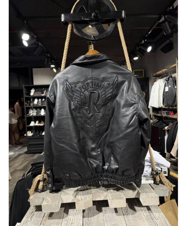 Erkek Owersıze Önü Fermuarlı Arka Baskılı Deri Mont - Siyah