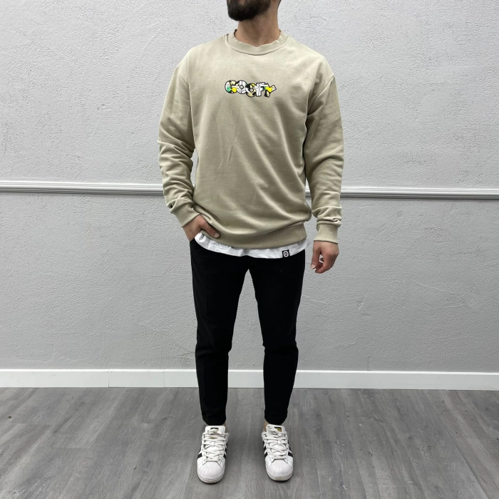 Erkek Dar Kalıp Uzun Kollu Sırtı Ve Önü Baskılı  Sweatshirt -Krem
