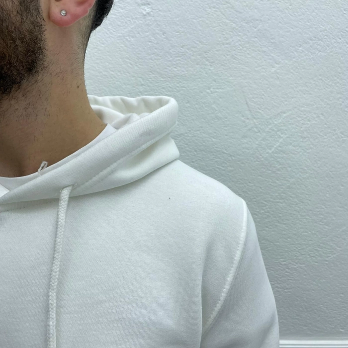 Erkek  İçi Şardonlu Owersize  Kapişonlu Sweatshirt -Beyaz
