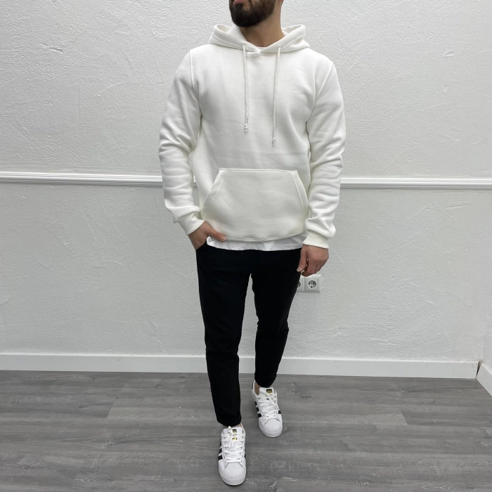 Erkek  İçi Şardonlu Owersize  Kapişonlu Sweatshirt -Beyaz