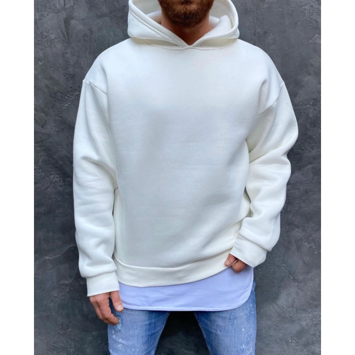 Erkek Owersize Kapüşonlu İçi Şardonlu Sweatshirt -Ecru