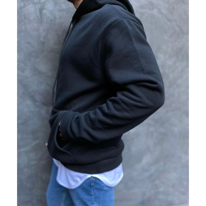Erkek Owersize Kapüşonlu İçi Şardonlu Sweatshirt -Siyah