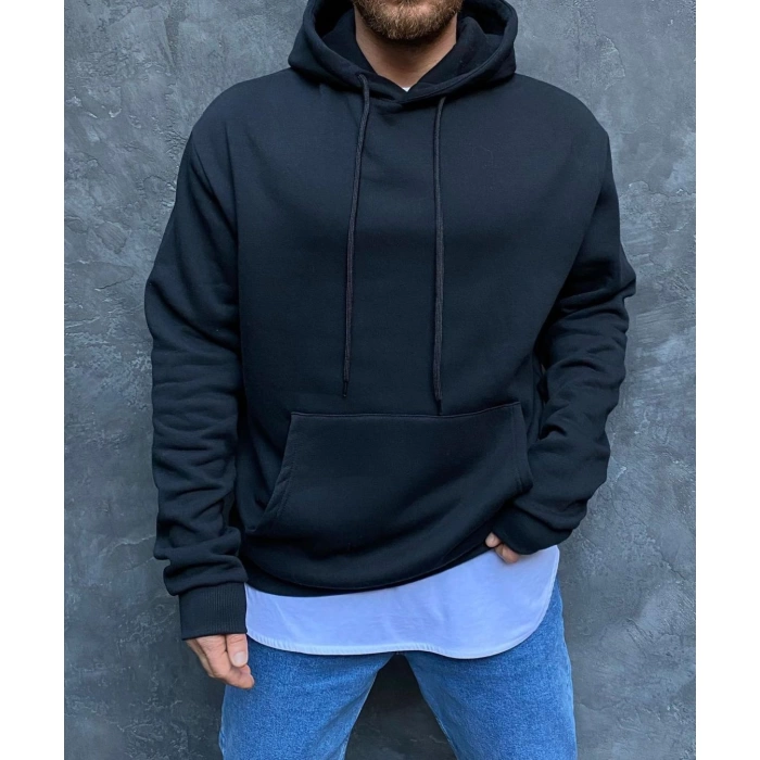 Erkek Owersize Kapüşonlu İçi Şardonlu Sweatshirt -Siyah